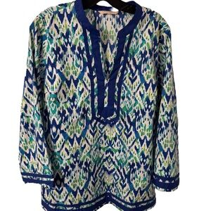 Soft Surroundings “Kirti Ikat”Women’s Top Blouse Sz L Blue & Green 3/4 Sleeves